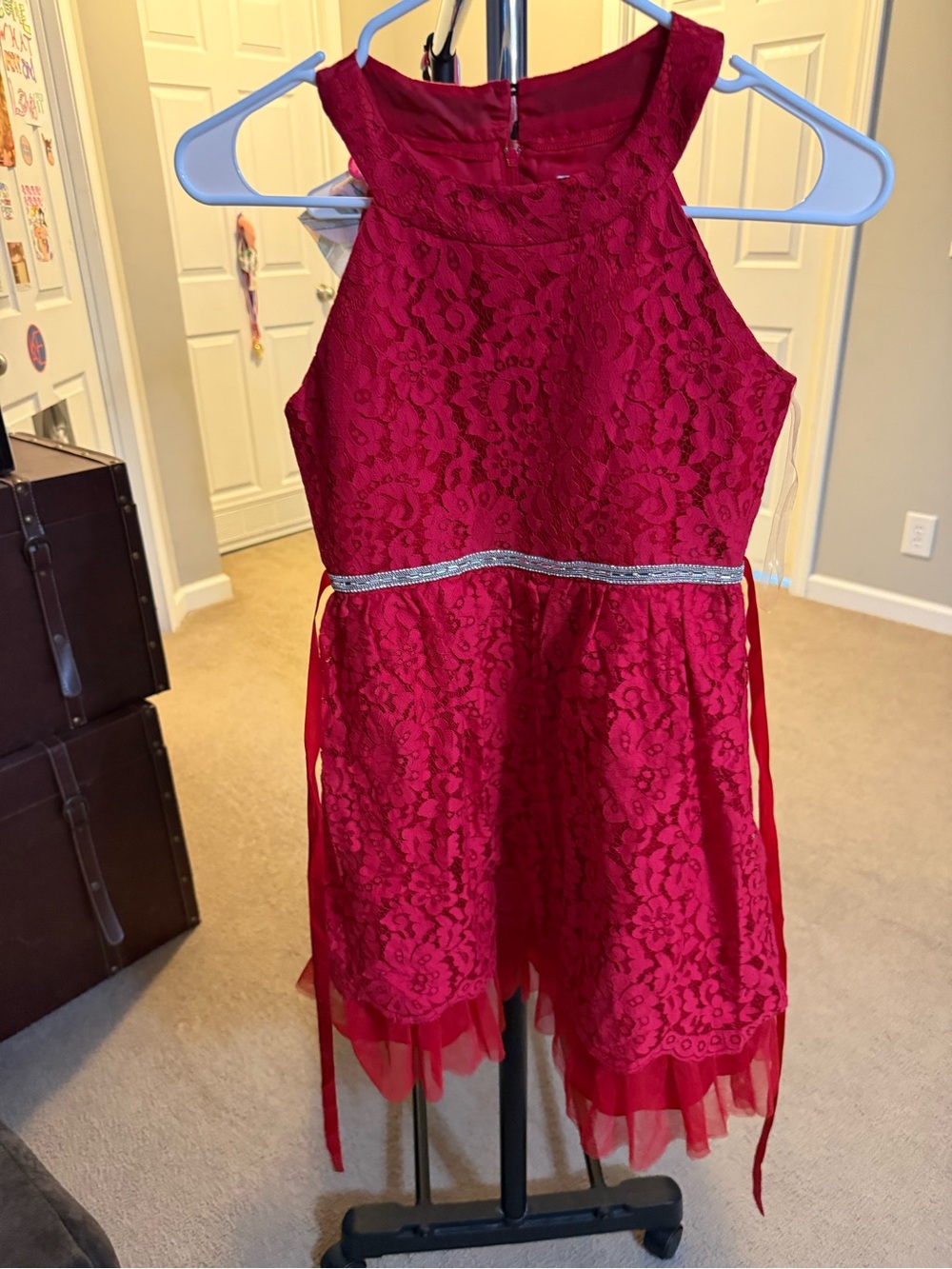 Rare Editions Red Lace Party Dress with Silver Waistband